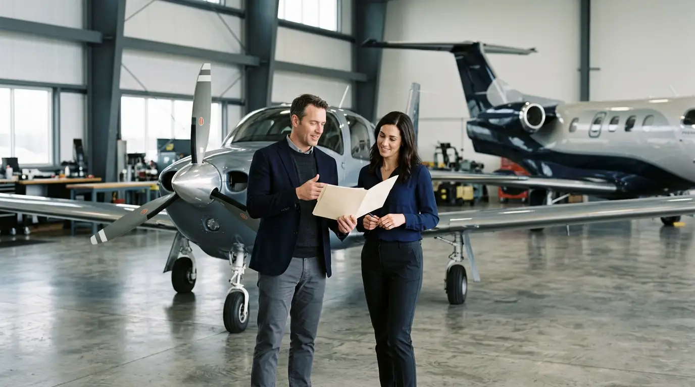 Professionals discussing customer financing options for an aircraft loan.