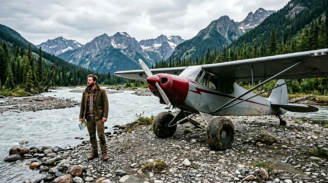 Rugged stol planes parked on a remote riverbed for backcountry flying.