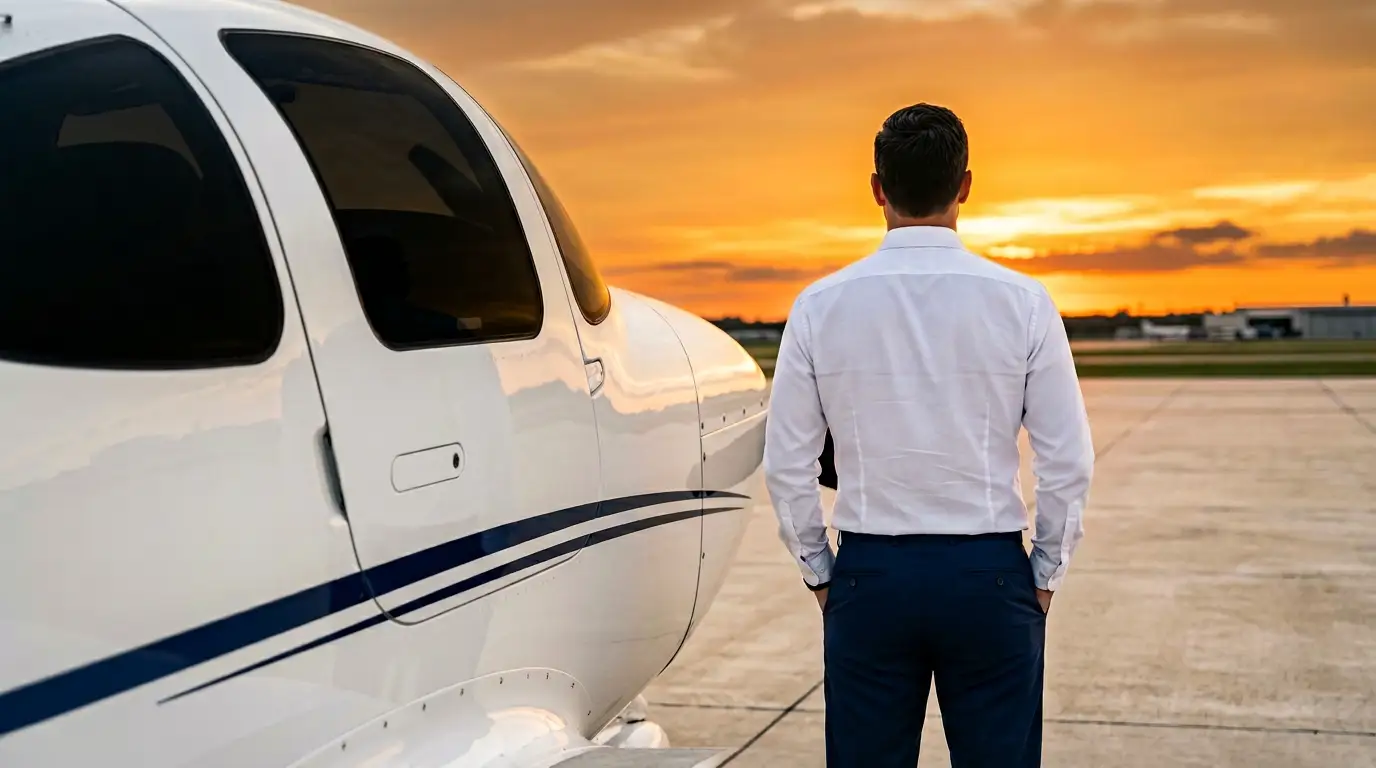 Pilots in a hangar checking dimensions like the Cessna 172 size.