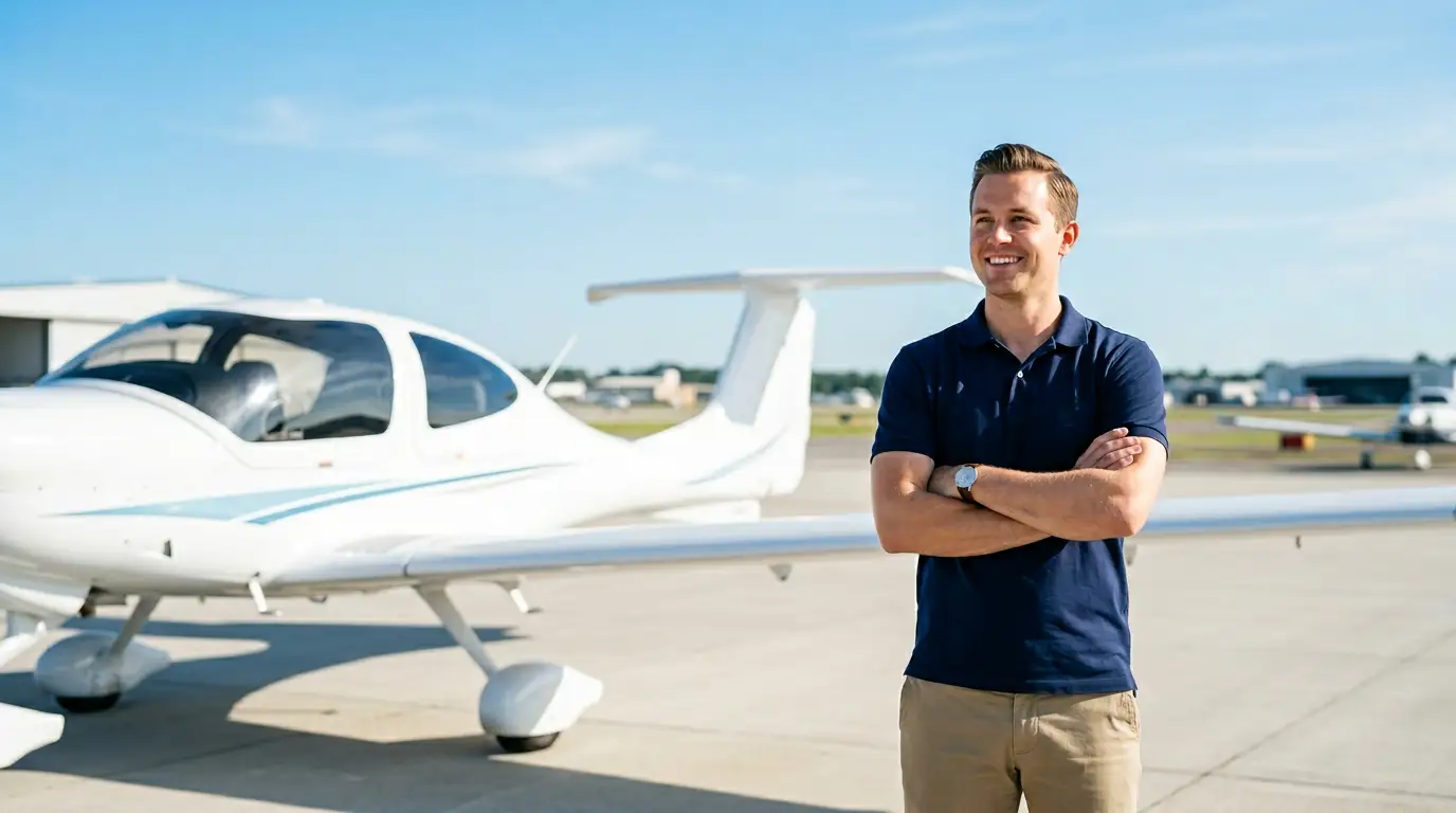 A businessman walking from the easiest airplane to fly on the tarmac.