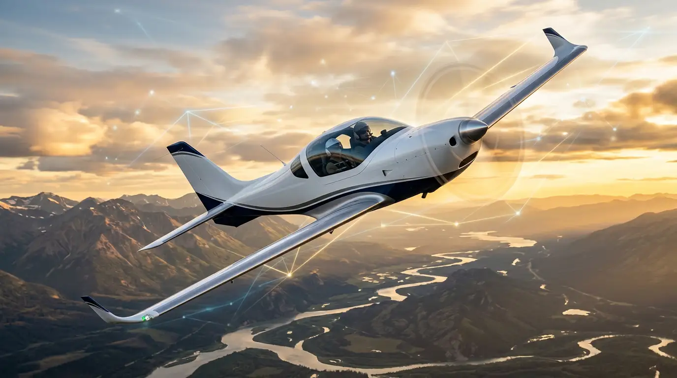 Turboprop aircraft flying above clouds, following new FAA MOSAIC rules.