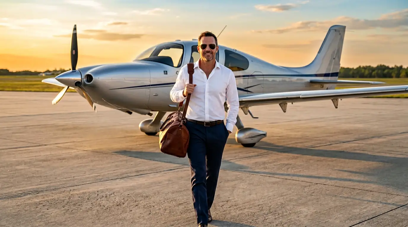 A pilot standing beside his fast single engine piston aircraft.