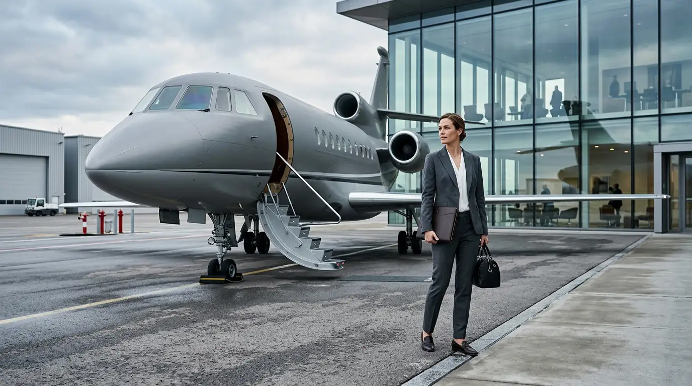 Business professional evaluating fractional jet ownership and private plane costs.