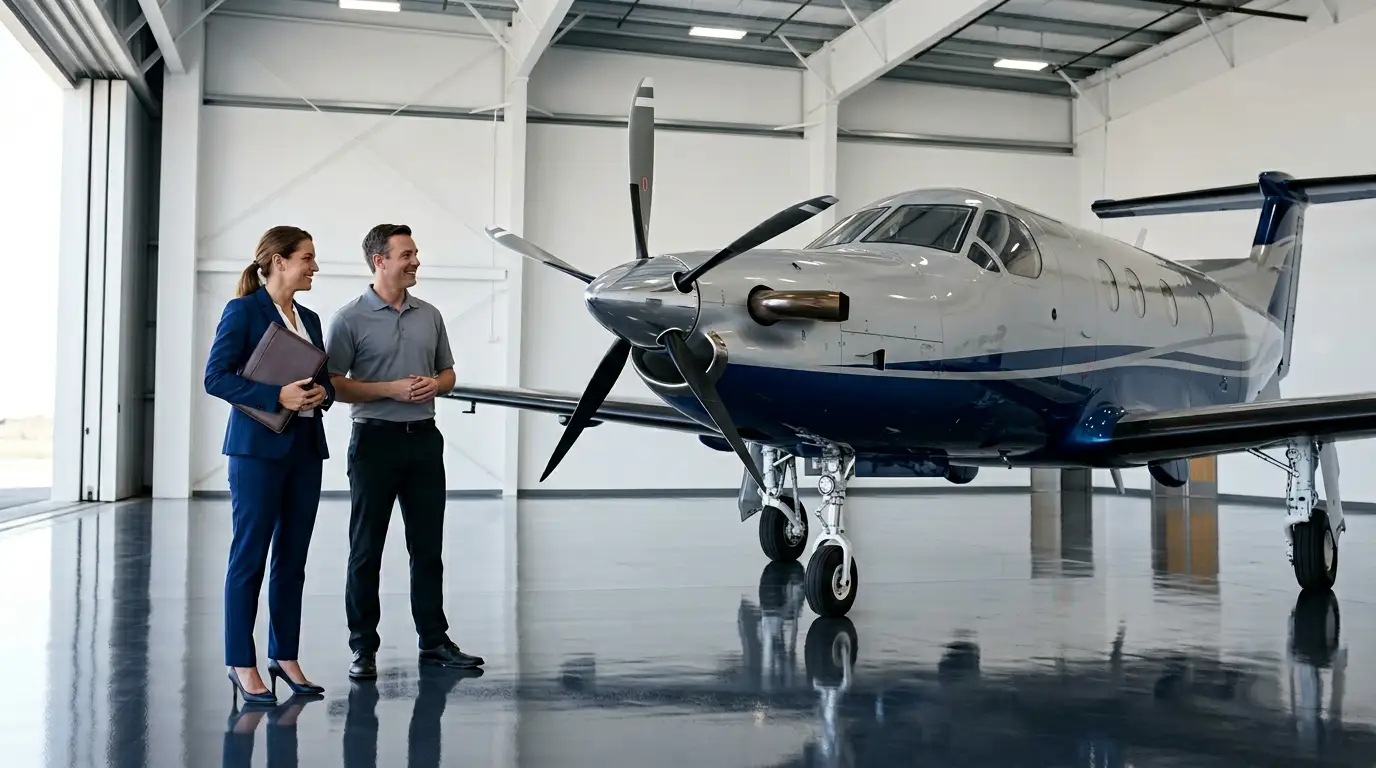 Man at sunset next to a plane, researching how to buy an aircraft.
