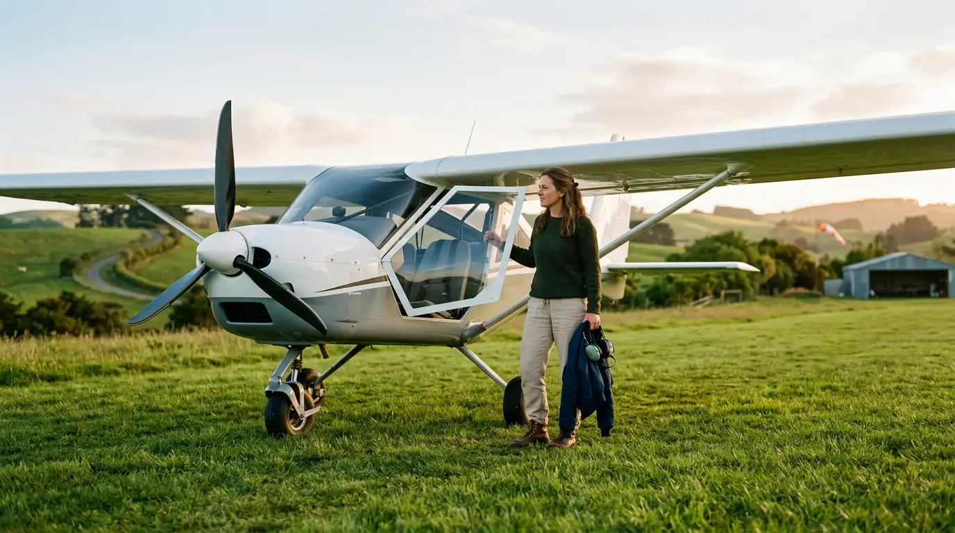 A pilot preparing a light sport aircraft for flight on a grass runway.