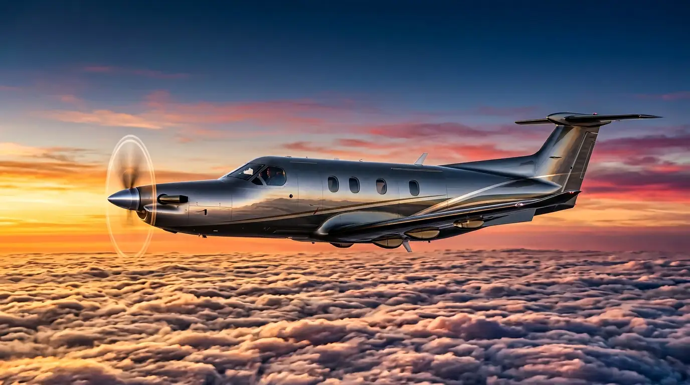 Sleek single turboprop airplanes soaring above scenic mountain peaks.