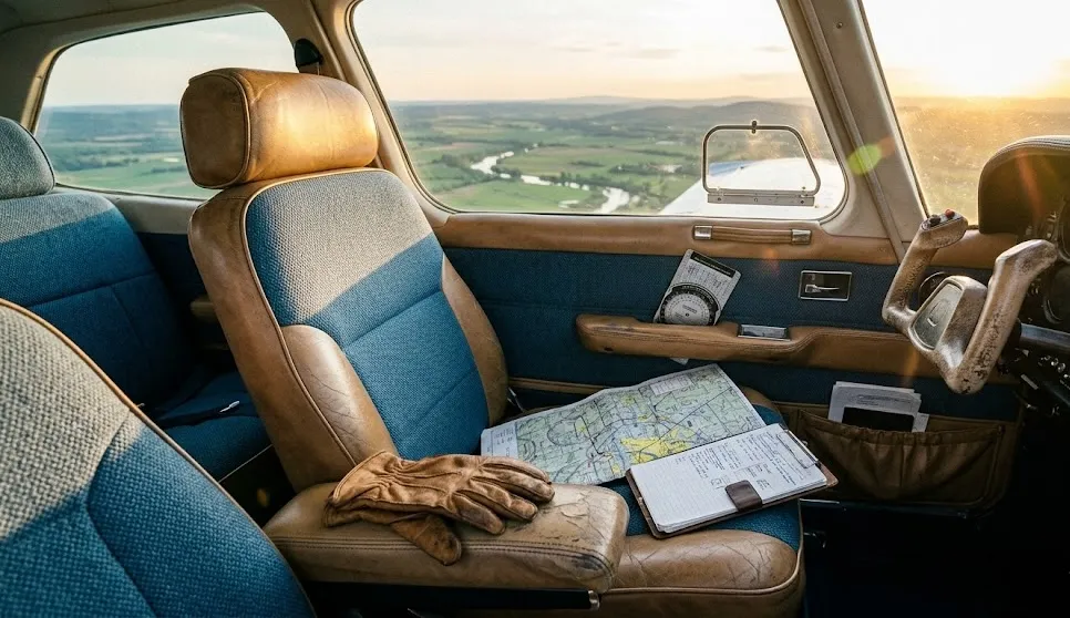 Interior cockpit view of a Beechcraft Sundowner C23 with flight maps and leather gloves on the seat.