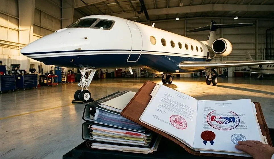 A stack of signed loan documents on a desk inside a private jet hangar.