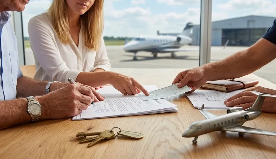 A couple signing purchase papers on a wooden desk with a model airplane and a real private jet in the background.