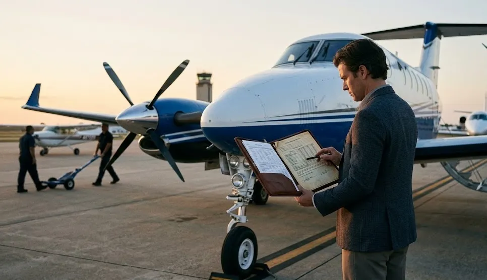 An aviation professional standing on a sunny airfield, reviewing financial documents in a leather folder in front of a blue and white turboprop airplane.