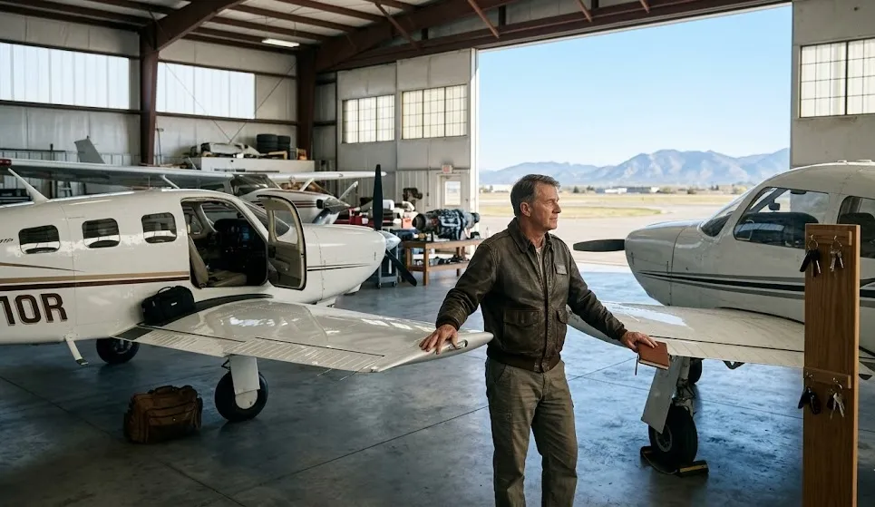 An older pilot in a brown flight jacket stands between two small airplanes in a sunlit hangar, looking thoughtfully toward an open doorway.