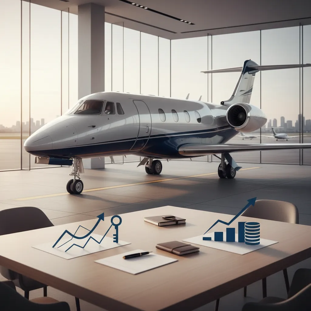 A private jet in a modern office with financial graphs and charts on a table.