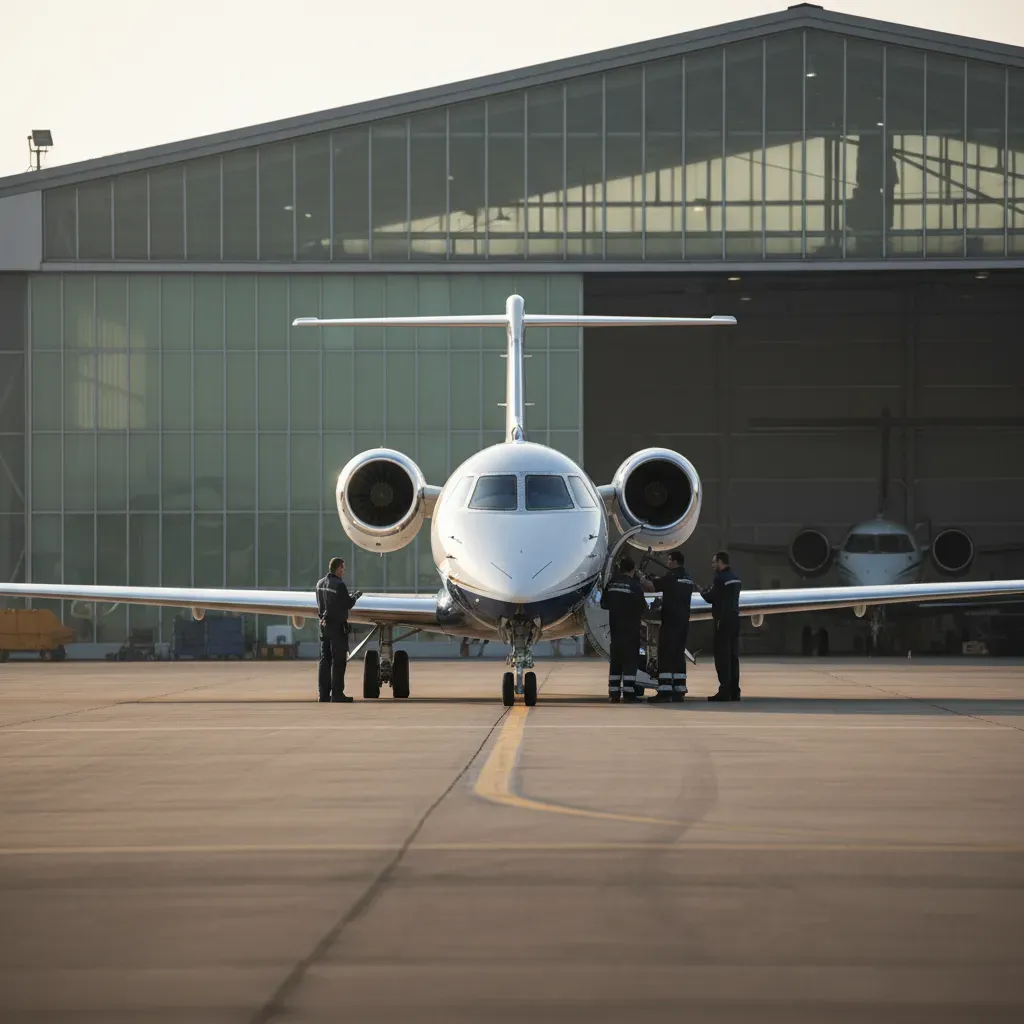 Ground crew inspecting a private jet's nose and engines outside an open hangar