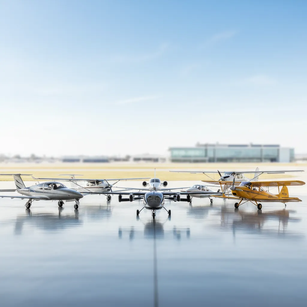 A row of small private aircraft, including a yellow biplane and twin-engine planes, parked on an airport tarmac