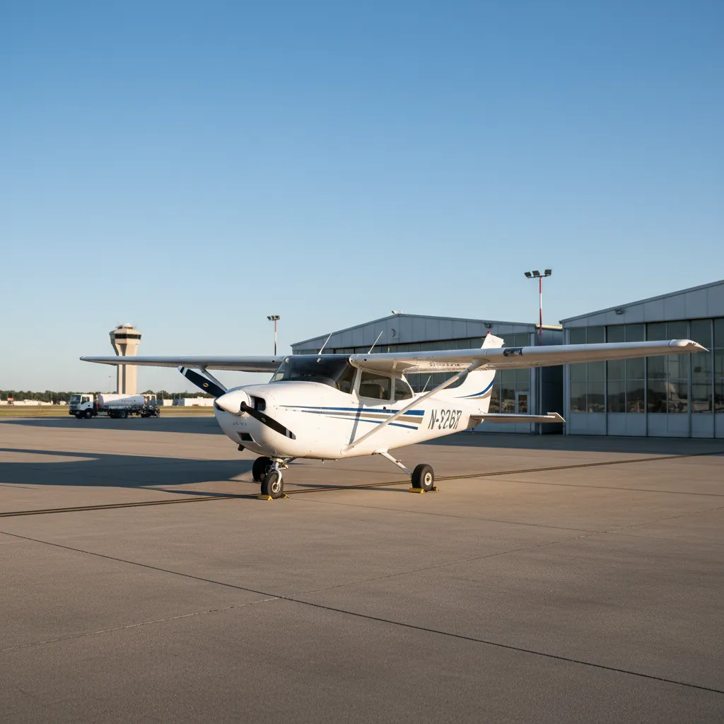 White single-engine Cessna aircraft parked on tarmac near hangar and control tower
