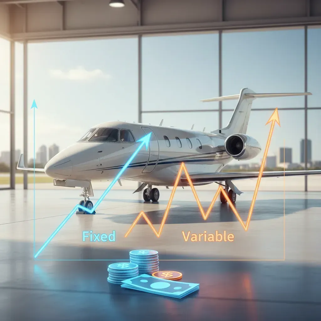A private jet in a hangar with graphs illustrating fixed and variable loan trends.