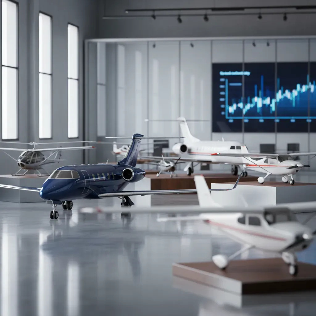 Various aircraft models displayed in a modern showroom with a chart on the wall.