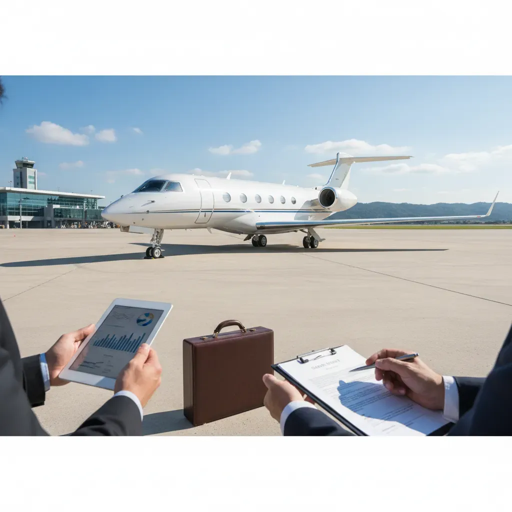 Business professionals reviewing documents near a private jet on an airport tarmac.