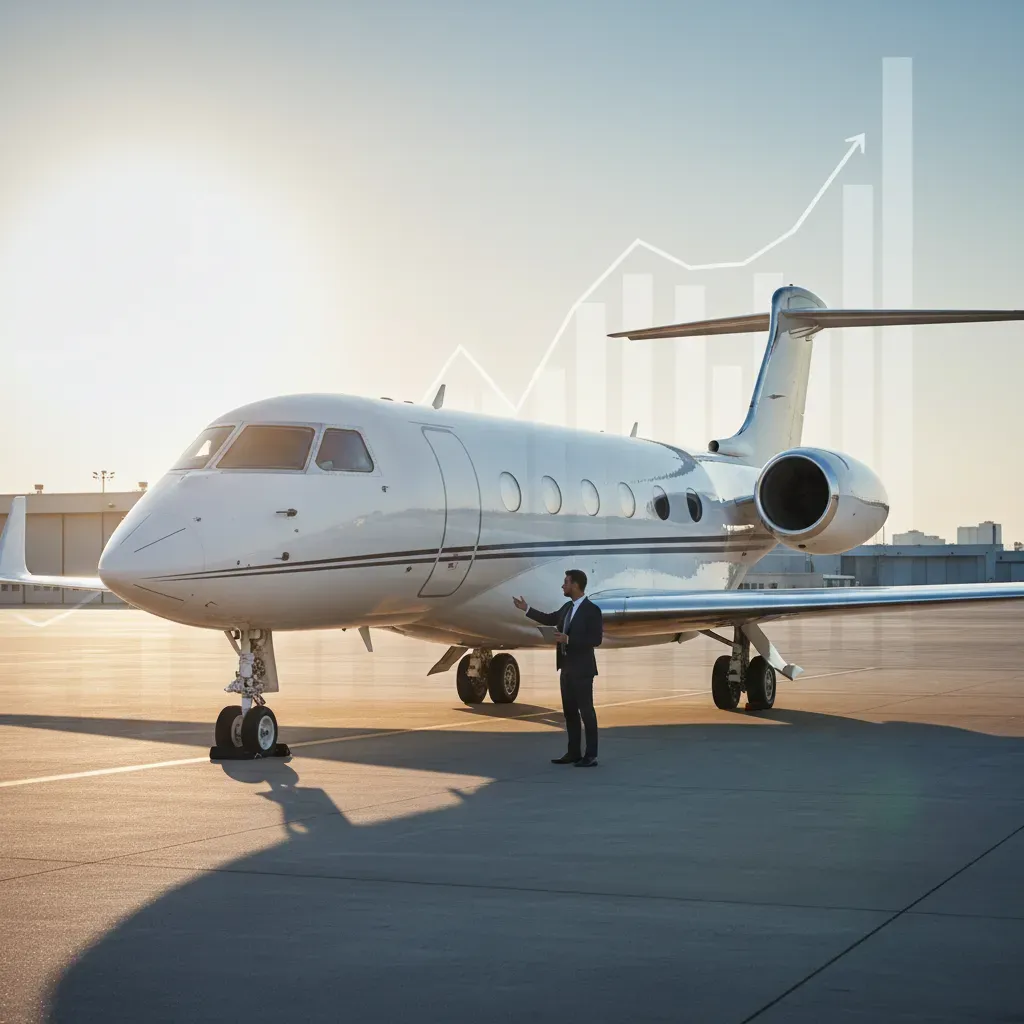 Businessman standing next to a private jet on an airport runway with a skyline in the background.
