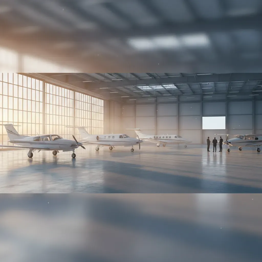 A modern aircraft hangar with several small planes and people discussing near the entrance.