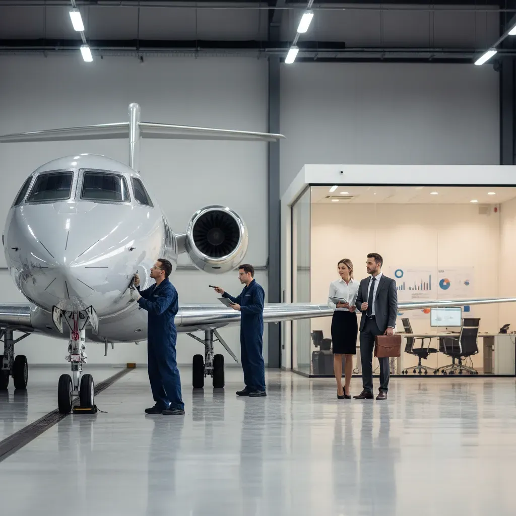 Two business professionals discuss aircraft financing near a jet, while a technician inspects the plane.