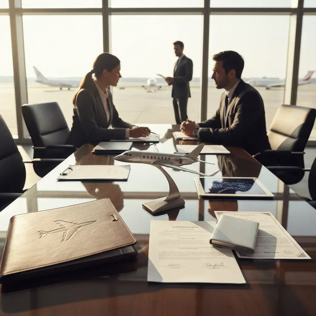 Business meeting at an airport with documents and a model airplane on the table.
