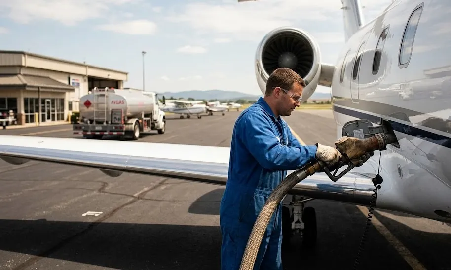 A technician refueling a private white jet on an airport tarmac