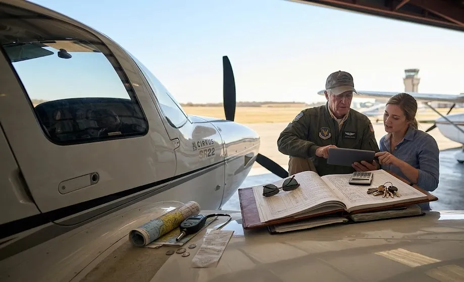 Two people reviewing a tablet and an open logbook on the wing of a white Cirrus SR22 airplane inside a hangar
