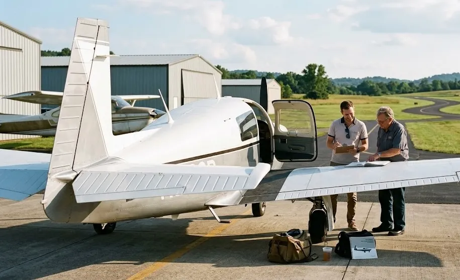 Two men standing on a runway next to a small white airplane, reviewing paperwork together
