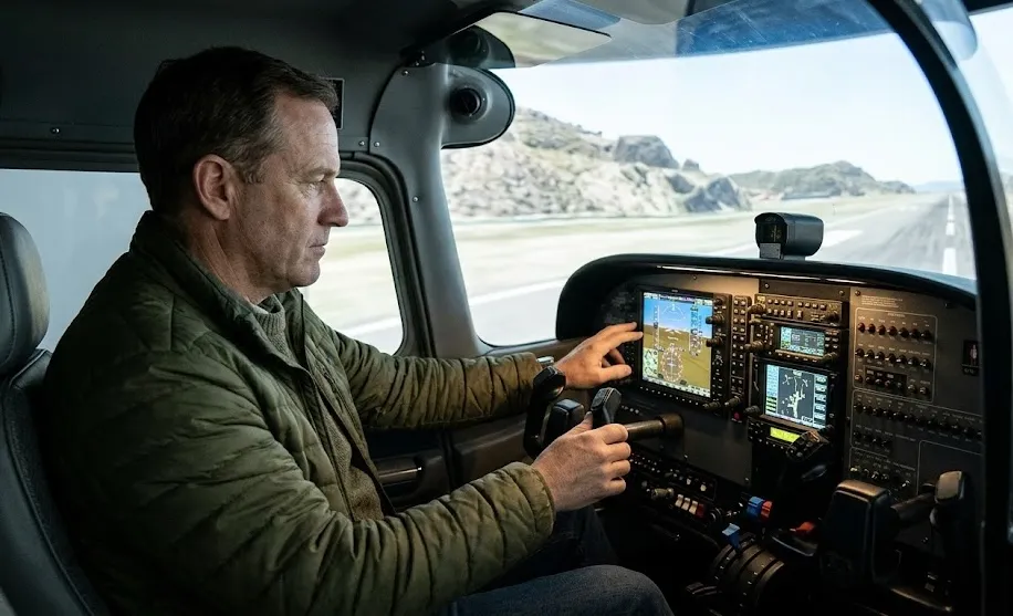 A pilot sits in the cockpit of a light aircraft on an airport runway, adjusting the digital avionics display