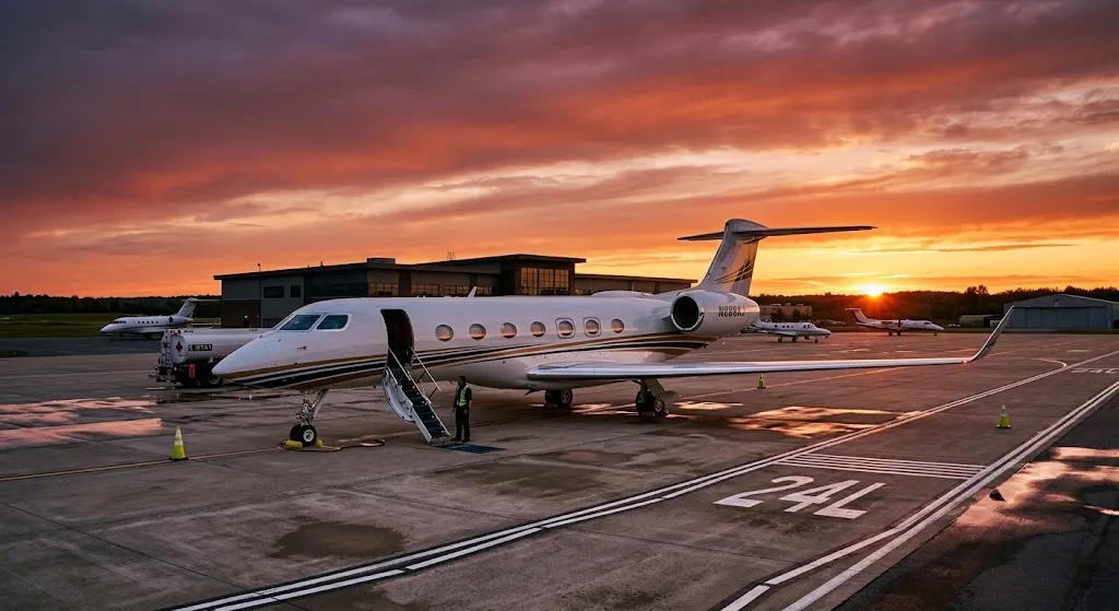 A private jet parked on an airport tarmac during a golden sunset.