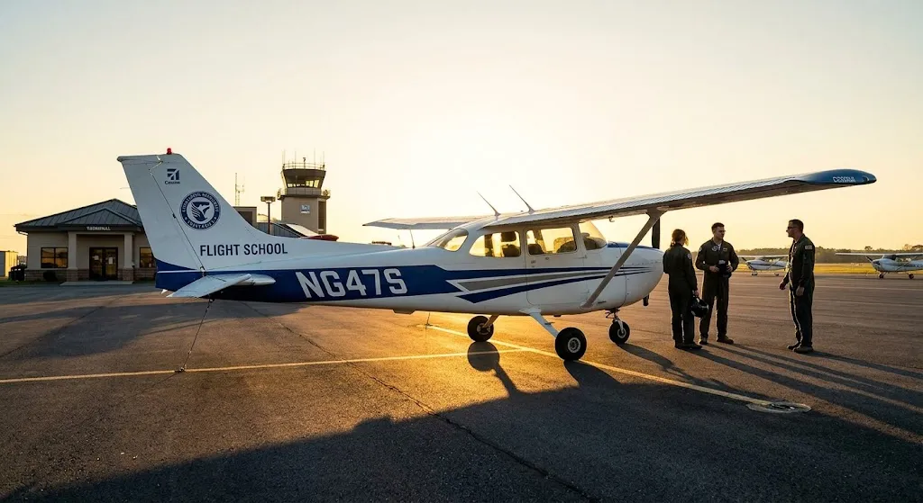 Flight school training aircraft parked on an airfield apron at sunset.
