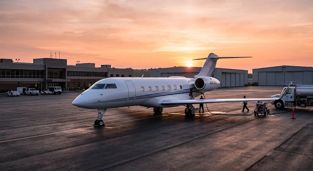 Private airplane on an airport runway at sunrise
