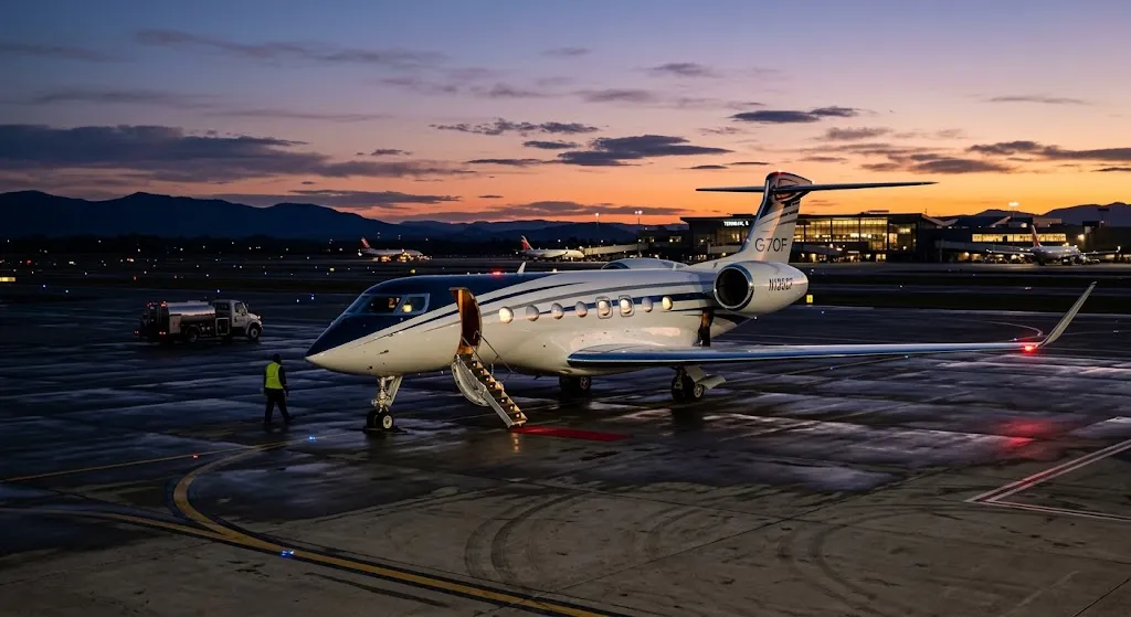 Private jet on a runway at dusk.