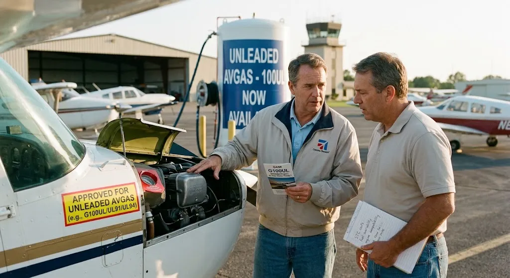 Two men standing on an airfield apron discussing a piston aircraft with its engine cowl open.
