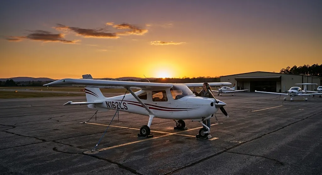 Light sport aircraft parked on a runway tarmac at sunset.